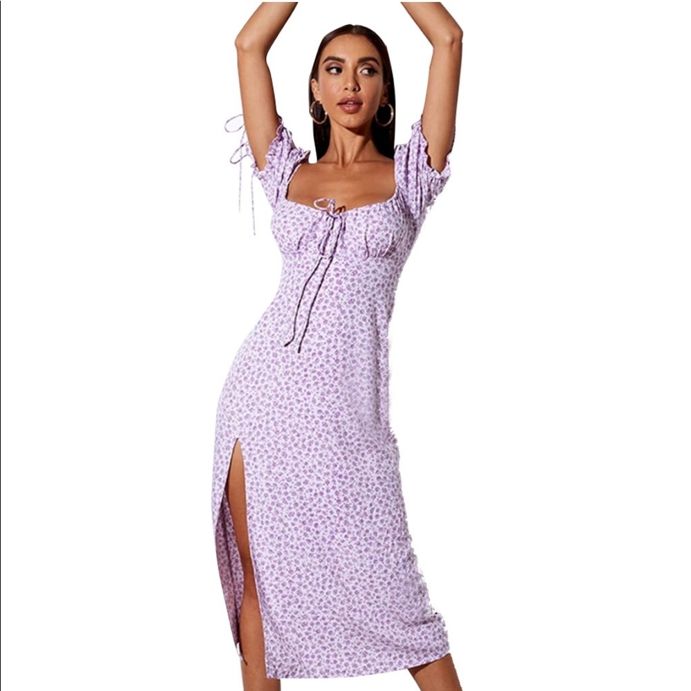 🎉 New Slit Long Dress Sexy Square Neck Tie Short Sleeve Floral Dress